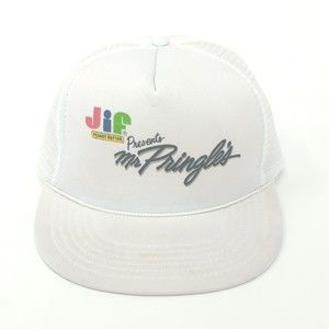Vintage JIF Presents Mr Pringles SnapBack White Trucker Hat Peanut Butter Mesh